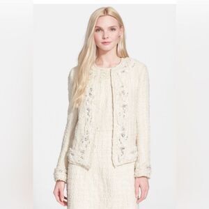 Alice + Olivia Nilla Cream Embellished Tweed Fringe Beaded Trim Boxy Cut Jacket